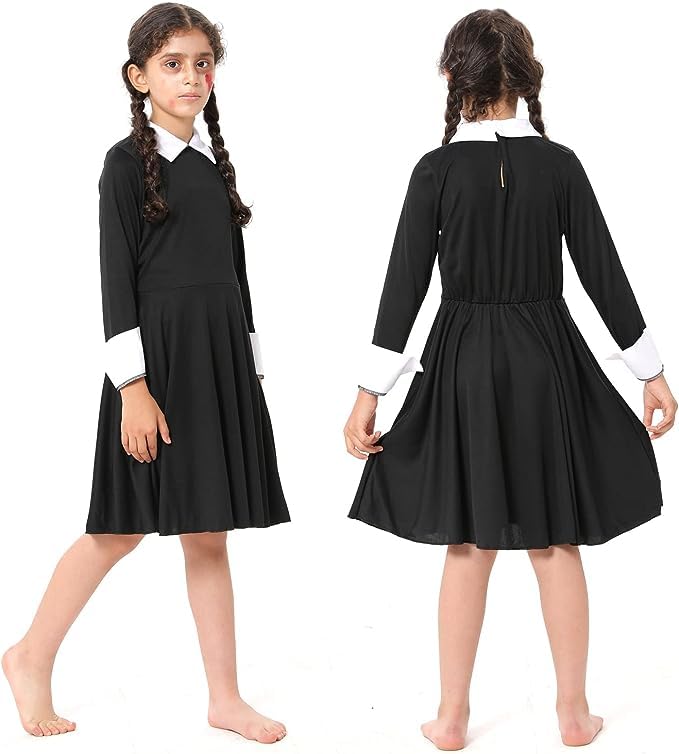 Image of FancyDressWale Wednesday Addams Costume Girls Peter Pan Collar Dress Long Sleeve Halloween Addams Family Costume Black dress Outfit