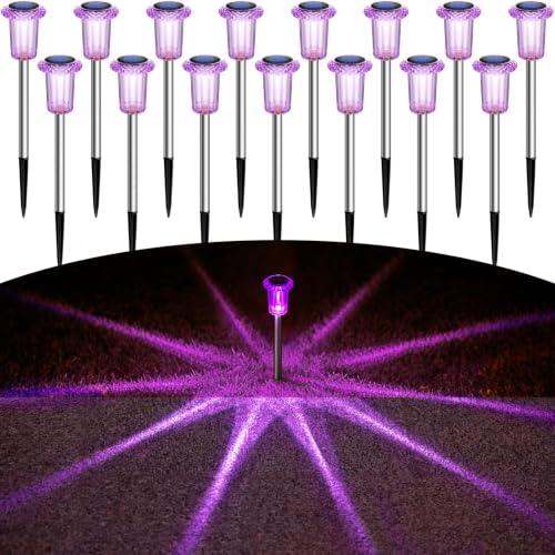 Image of DenicMic Solar Halloween Lights Outdoor 15 Pack Purple LED Halloween Decor | Yard Garden Pathway Walkway Driveway Landscape Spike Style Starburst Light Pattern, IP65 Waterproof, Acrylic /Stainless Steel