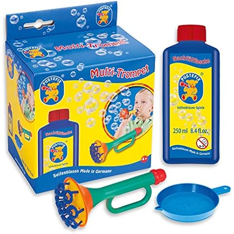 PUSTEFIX Multi Bubble Trumpet Blowing Toy for Kids Set includes Trumpet Blower, 8.45 oz Bubbles Bottle and Liquid Tray Cover