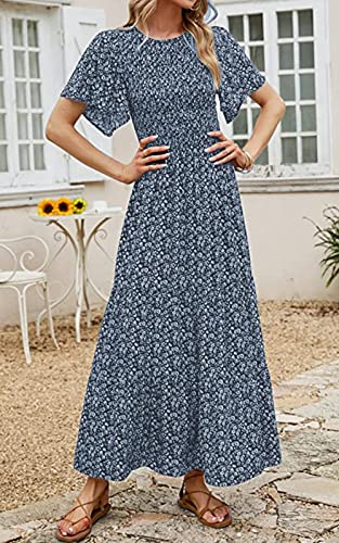 Image of PRETTYGARDEN Women's 2026 Summer Casual Flutter Short Sleeve Boho Floral Maxi Dress Crew Neck Smocked Tiered Long Dresses