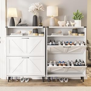 Shoe cabinet with 2 flip drawersshoe storage cabinet for entrywayfreestanding shoe cabinet organizer with open storagenarrow farmhouse shoe rack with legswhite  urban country home decor