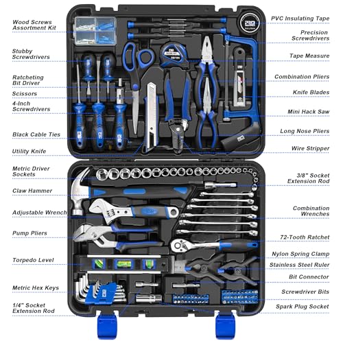 Prostormer 259-Piece Tool Kit, General Household Hand Tool Set with Plastic Storage Toolbox, Portable Complete Repair Tool Box for Home and Car (Blue)