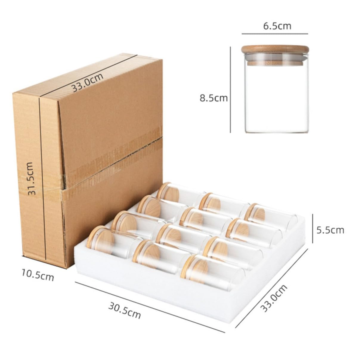 Tarro de Vidrio con Tapa de Bambú 250ml, 12 Piezas | Boca Ancha, Cierre Hermético, Vidrio y Silicona, para Harina y Azúcar, Formato Compacto de Cocina