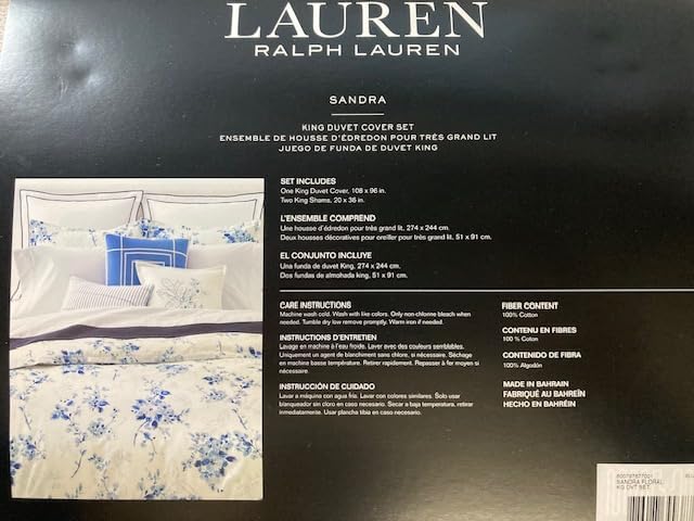 Lauren Ralph Lauren Beautiful Watercolor Sandra Grey Navy Blue Floral King 3 pc Duvet Cover Set Shams White Luxurious 100% Cotton Sateen Silky Smooth - Image 6