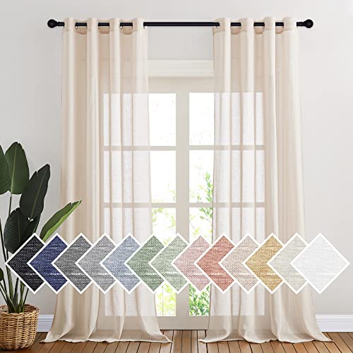 NICETOWN Flax Linen Sheer Curtains 108" Length for Windows, Ring Top Privacy Semitransparent Sheer Light Filter Curtain Panels for Bedroom/Living Room