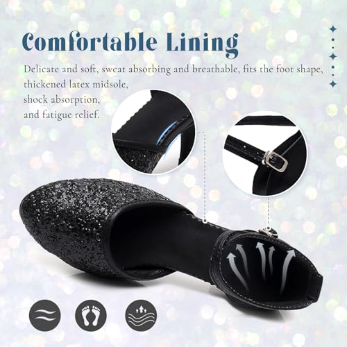 Swdzm AT-DY225-J-BLACK-5-40 Glitter Womens Latin Dance Shoes Heeled Ballroom Salsa Tango Party Practice Performance Dance Shoes Closed Toe,225,Black,Heel 2,Rubber Sole,Us 8.5 thumb #3