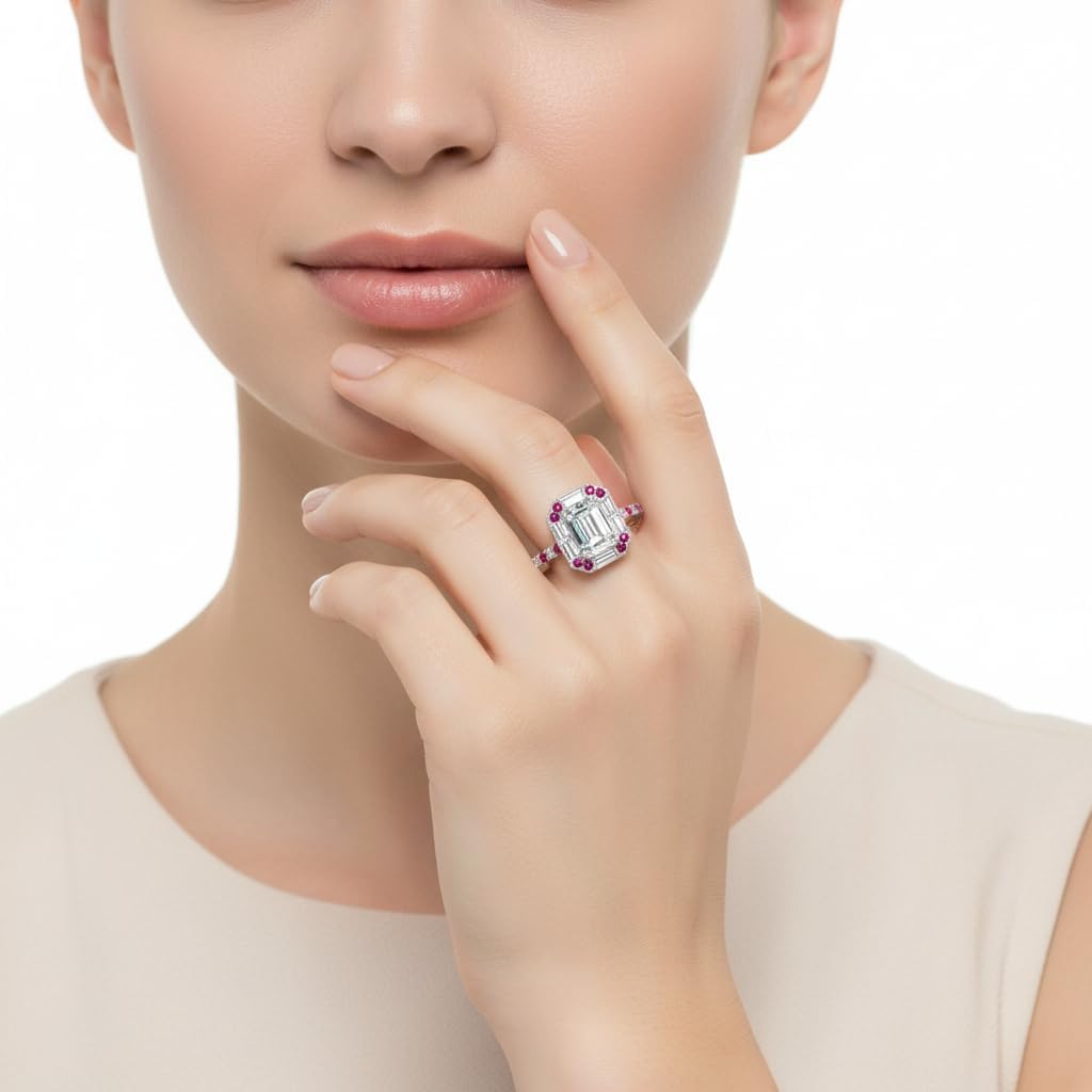 Choose Your Gemstone Art Deco Emerald Cut Halo Ring Sterling Silver Emerald Shape Halo Engagement Rings Everyday Jewelry Wedding Jewelry Handmade Gifts for Wife US Size 4 to 12