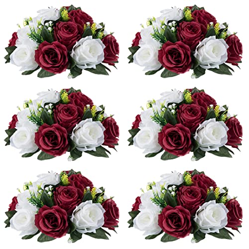 Image of NUPTIO Flower Wedding Centrepieces for Tables - 6 Pcs 9.5in Diameter Burgundy & White Artificial Flowers Rose Ball for Centerpieces Table - Fake Rose Arrangements for Weddings Birthday Party Decor