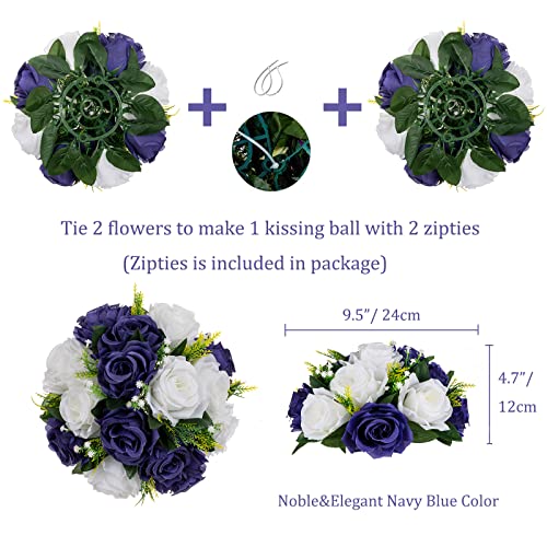 BLOSMON Flower Centerpieces for Tables Wedding 2 Pcs Navy Blue & White Fake Flowers Rose Arrangement Bouquet Floral Centerpiece Balls Artificial Wedding Center Pieces of Valentines Day Home Decor - Image 4