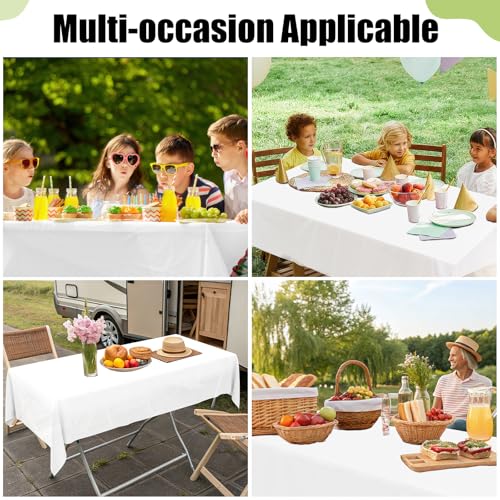Image of Smiry Disposable Table Cloth 3 Pack, 54 x 132 Inch Waterproof Plastic Tablecloth, Decorative Rectangle Table Covers for Party, Birthday, Picnic, White