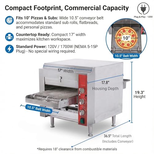 EASYROSE 10.5″ Commercial Conveyor Pizza Oven, 1700W 120V Countertop Electric Oven with 10.5-Inch Belt, 5-15P Plug, for Fast Baking (60Hz) - Image 5