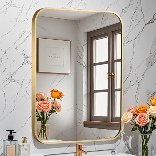 JENBELY Brushed Gold Mirror, 30"x36" Rectangle Bathroom Mirror, Metal Frame Rectangle Corner Vanity Mirror, Wall Mounted Mirror for Modern, Living Room, Bedroom, Horizontal Or Vertical