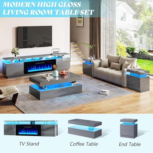 Image of AMERLIFE 80 inch High-Gloss Fireplace TV Stand with 40 inch Electric Fireplace | Gray /Black LED TV Console, Modern Living Room Entertainment Center, Fits TVs up to 90 inch, 2 Cabinets, 2-Tier Storage Space