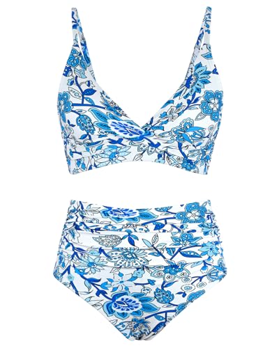 Image of Amy Babe Women's High Waisted Bikini Sets Push Up Twist Front Spaghetti Straps Ruched Two Piece Swimsuit Bathing Suit