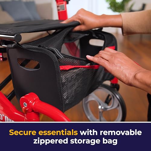 Drive Medical Nitro Duet Dual Function Foldable Rollator Walker & Transport Wheelchair for Seniors & Adults - Hand Activated Brakes & Back Support - Large Front Wheels - Red
