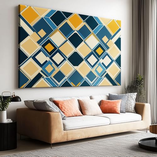 Peinture à l'huile Jaune Moutarde Affiche Toile Art Mural Peinture, Tableau sur Toile Mosaïque Géométrique Abstraite en Losange pour Salon Décoration...