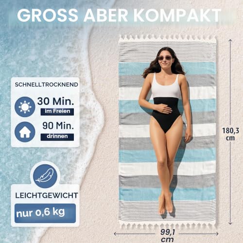 ATANI Türkisches übergroßes Strandtuch Rucksack 2 in 1 schnell trocknend sandfrei dünn groß Strandtuch Tasche Reise 100% Bio-Baumwolle… – Ansicht 4