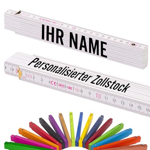 Metrie Zollstock - PERSONALISIERT – Gliedermaßstab | Meterstab, Maßstab - 2m - Weiß - Duplex Teilung, Hergestellt in der EU – Druck mit Namen, Wunsch-Text für Handwerker | BLOCK 52-1 Stück
