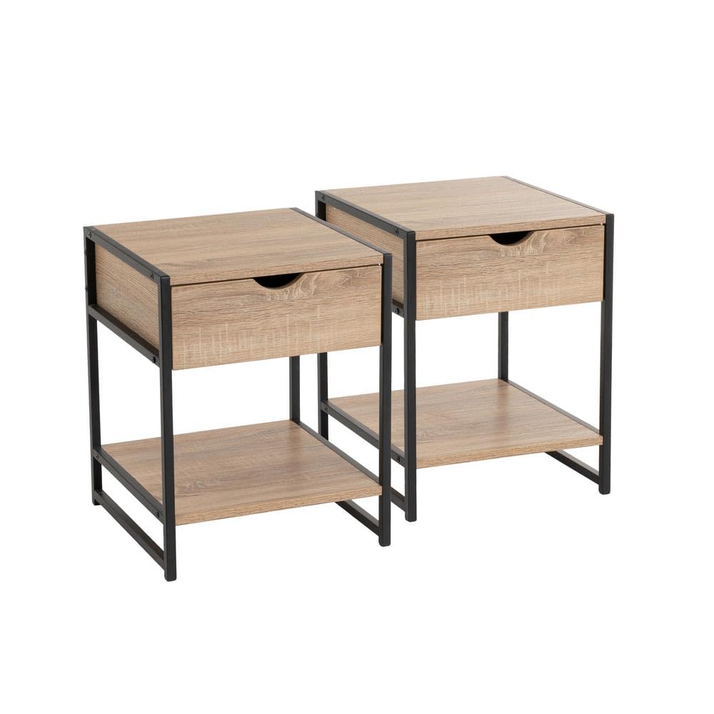 LOLAhome Set de 2 mesitas de Noche de 1 cajón de Madera y Metal Negro