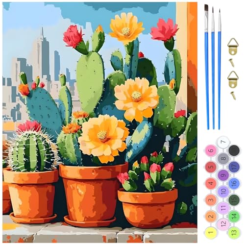 MXJSUA Peinture par Numéros pour Adulte, DIY Peinture Acrylique pour Adultes Débutants Facile sur Toile 40×50 cm avec peintures et pinceaux, Fleurs De Cactus (sans Cadre)