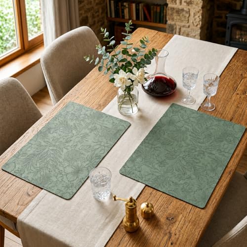 Image of Yelona Premium Faux Leather Placemat Set of 4 | Printed Floral Design, Waterproof & Heat Resistant Table Mat | Non-Slip, Washable for Dining, Kitchen & Home Decor (Green, 43 x 30 cm)