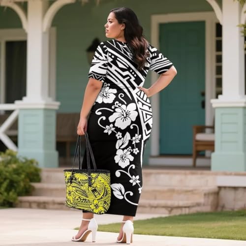 Image of Puletasi Samoan Traditional 2 Piece Outfits for Women Short Sleeve Crop Top and Maxi Skirt Sets Puletasi Dress