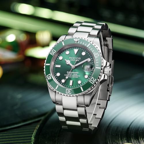 Image of ROCOSJEWE Men Analogue Silver Band Automatic Mechanical Watch Black /Green Dial Ceramic Bezel Waterproof Wristwatch Luminous Calendar Display Stainless Steel Adjustable Strap Gifts R0158Green