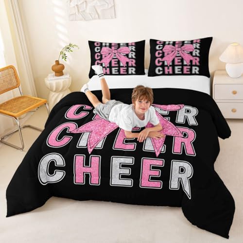 Image of Feelyou Pink Bowknot Cheer Comforter Set All Season Cheerleading Bedding Set with 1 Pillow Cases Glitter Cheerleader Microfiber Kids Twin Bedclothes Cheer Bow Bedroom Decor Duvet Quilt Soft