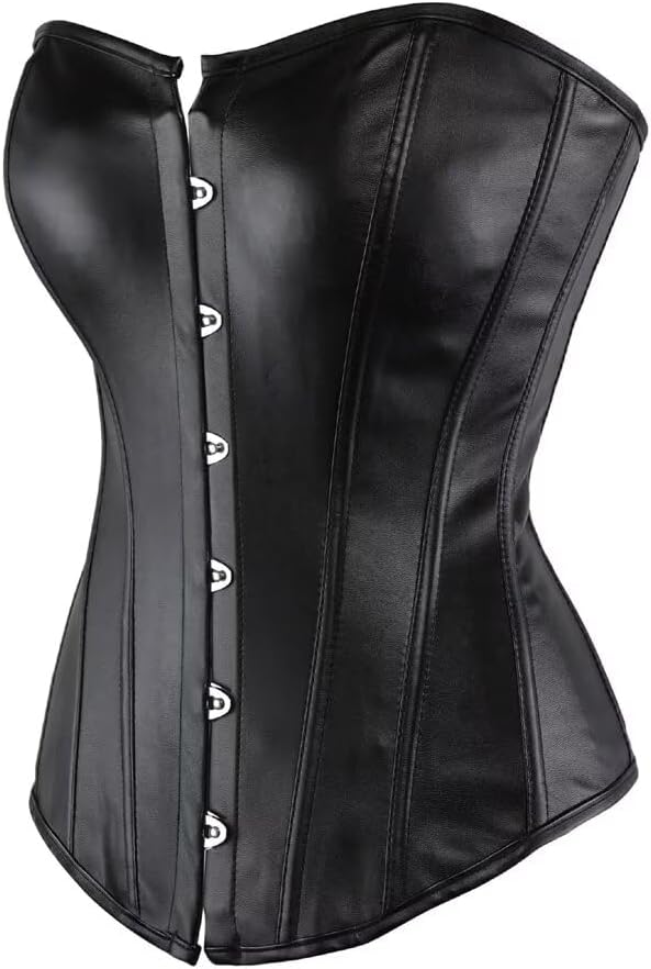 Jutrisujo Black Leather Corset Dress Top Bustier Overbust Women Rock Gothic Boned Plus Size