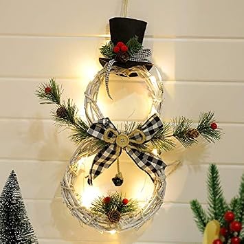 2023 New Christmas LED Wreath Garland, Snowman Rattan Circle Light Hanging Seasonal Home Decor 3D Front Door Garland Buffalo Plaid for Christmas Party Holiday Indoor Outdoor White