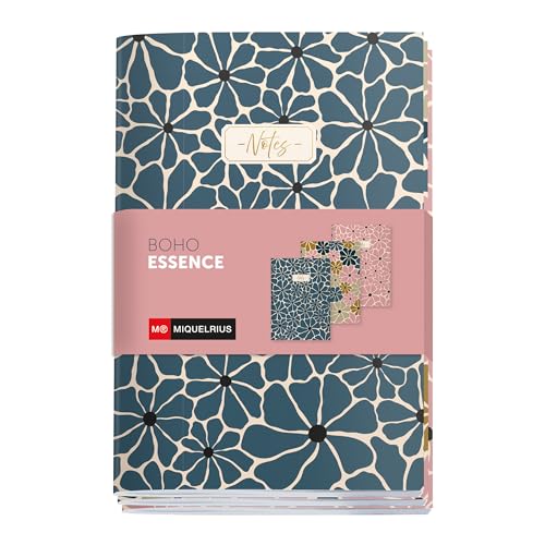 Miquelrius - Cuadernos cosidos A6 (105 x 145 mm), Pack de 3 libretas, Papel blanco liso, 40 hojas de 80 g/m² cada uno, Cubiertas de cartoncillo impreso mate, Stamping dorado, Boho Essence