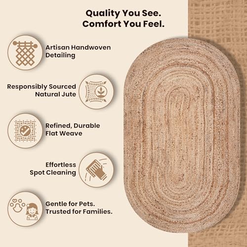 Craft Trade Handgewebt Natur Boho Jute Teppich Reversibel Geflochten Waschbarer Oval Juteteppich für Küche Wohnzimmer und Schlafzimmer- 150x240 cm