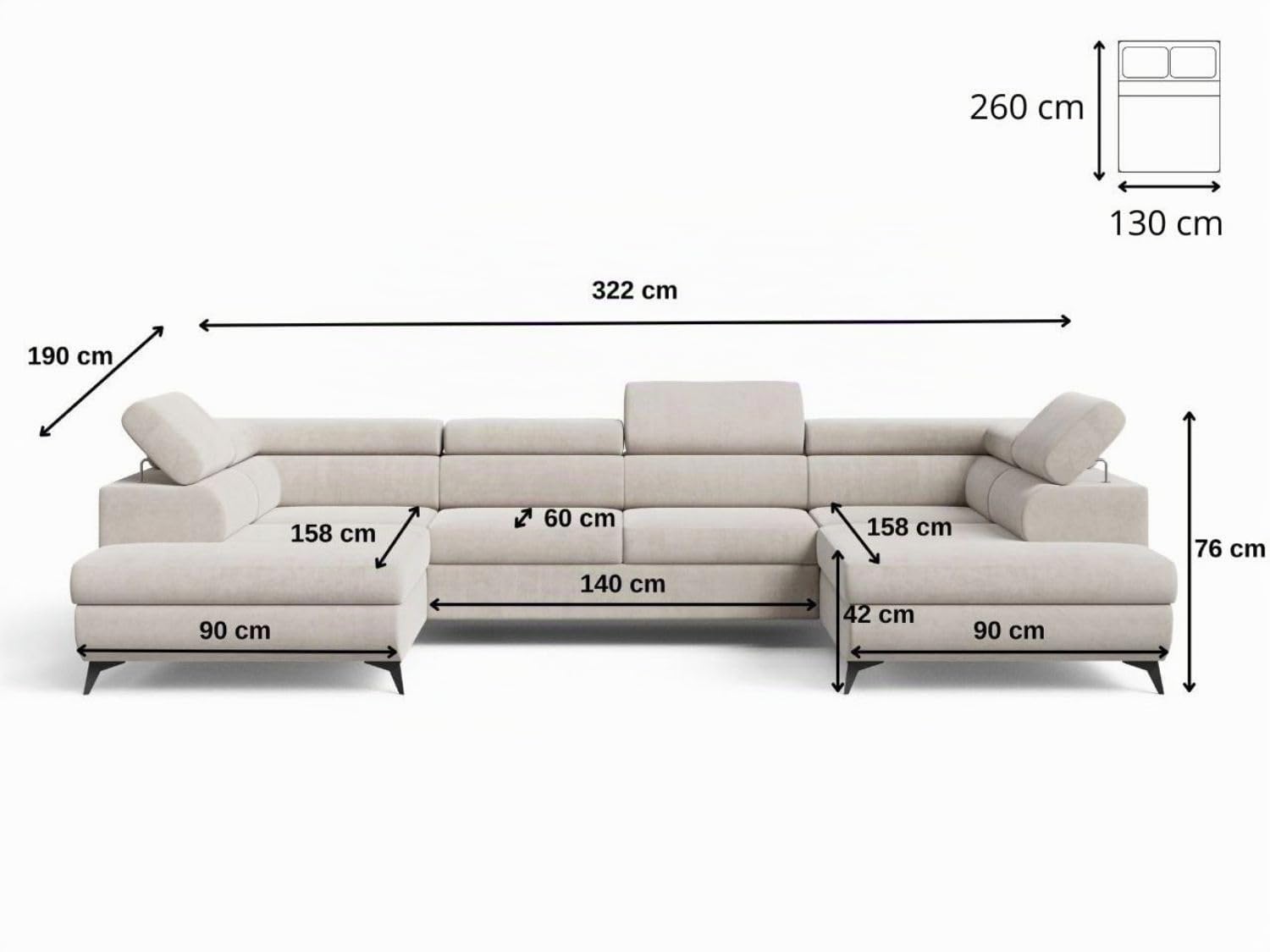 GRAINGOLD Argon U Ecksofa mit Schlaffunktion & Bettkasten 322x190 cm, U-Form Sofa mit Stauraum, Schlafcouch für Wohnzimmer, Velvet-Stoff, 5-Sitzer Wohnlandschaft, Modernes Design (Castel, Dunkelgrau)
