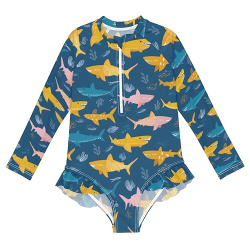 ALAZA Color Shark Coral Reef Girls One Piece Swimsuit Long Sleeve Rash Guard Swimsuits UV 50+ Swimwear Zipper