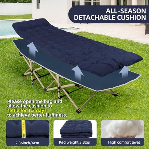 WoldTrek Camping Cot with Thick Pad, Folding Camping Cot Oversize Cots for Sleeping Camping Bed Folding Cot for Camping W/Pilllow Mattress for Home Office Nap Beach Travel, 600LBS (Blue)1 - Image 3