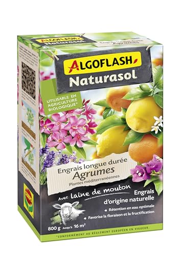 ALGOFLASH AGRUBIO800 NATURASOL Engrais agrumes et Plantes Méditerranéennes longue durée, Jusqu'à 16m², 800 g, Vert