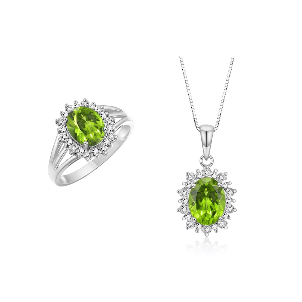 Rylos Women's Sterling Silver Princess Diana Ring &amp; Pendant Set. Gemstone &amp; Diamonds, 9X7MM Birthstone. Matching Friendship Jewelry, Sizes 5-10.