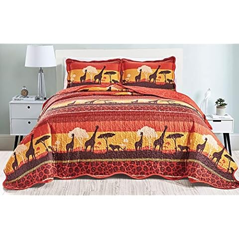 Masterplay 3-Piece Fine Printed Oversize (100" X 95") Quilt Set, Bedspread Coverlet Queen Size Bed Cover (Crimson Red, Orange, Brown, African Safari) Cover