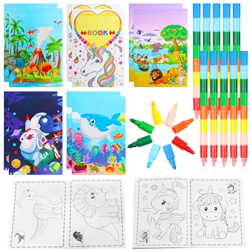Libri da colorare per bambini, 10 mini libri + 10 pastelli a cera impilabili fai-da-arte a partire dai 3-6 anni
