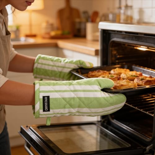 Image of Encasa XO Oven Gloves for Microwave (2 pc Set) - Heat Proof, Thick & Safe | Longer 18x30 cm Mittens for Protection in Kitchen Cooking & Baking - Franca Lime Stripes