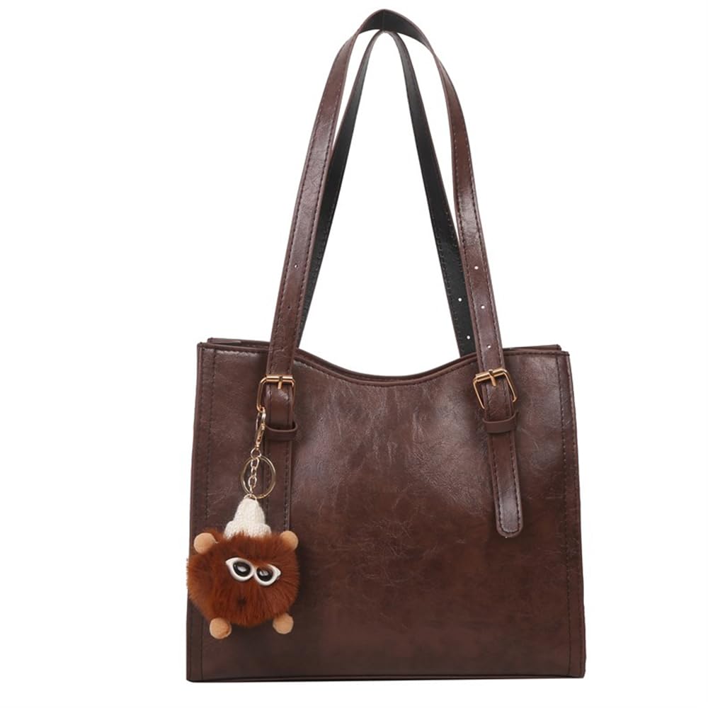 Retro Style Women Handbag with Double Shoulder Straps Medium Size Women Leather Tote Shoulder bag with Plush Key Chian