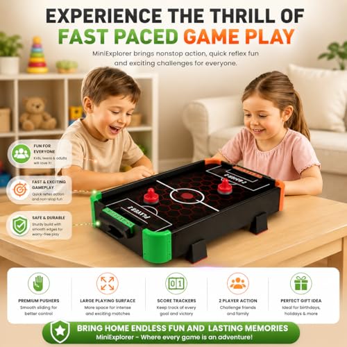 Image of MiniExplorer Air Hockey Game for Kids, Tabletop Hockey Board with 2 Pushers & 4 Pucks, Plug & Play Indoor Arcade Game Set, Fast-Paced Air Hockey Toy, BIS Certified, Made in India