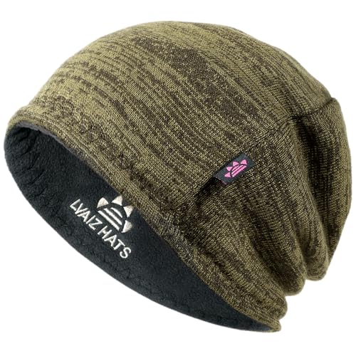 Lvaiz Hats Winter Fleece Lined Knitted Beanie for Men Reversible Windproof Watch Warm Skull Cap for Women, Khaki+grey, One size