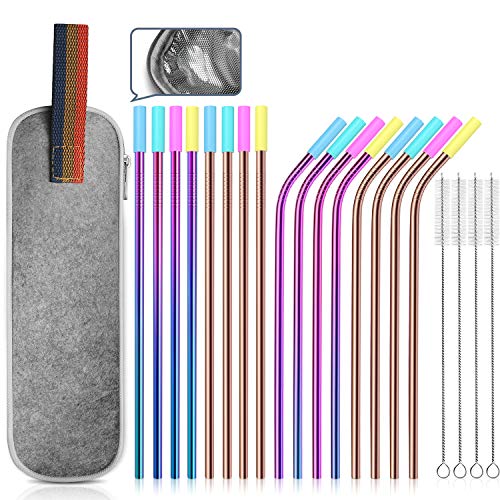Teivio Set of 16 Stainless Steel Straws with Carry Bag, Drinking Metal Reusable Straws with Cleaning Brush and Silicone Tips and case for 30 Oz - Multicolor