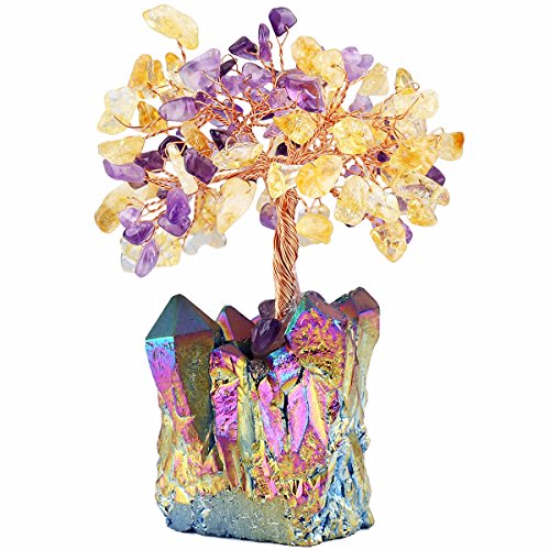 Mookaitedecor Citrine & Amethyst Crystal Tree, Quartz Cluster Rainbow Titanium Crystals Base Bonsai Money Tree For Wealth And Luck #TOP2
