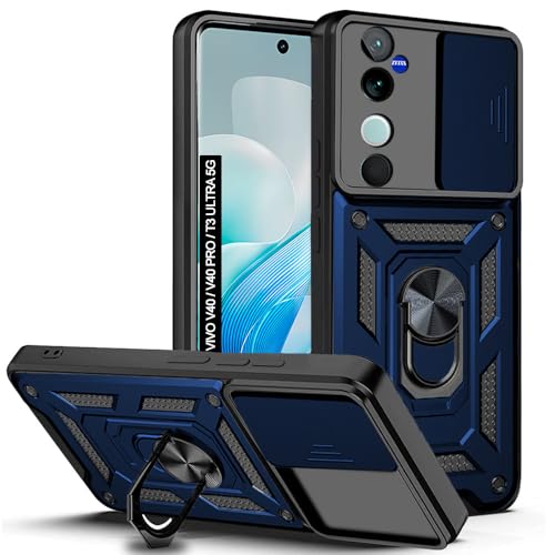 Image of AESTMO Polycarbonate Tough Armor Vivo V40 /V40 Pro /T3 Ultra 5G Bumper Back Case Cover|Ring Holder & Sliding Camera Cover|360 Degree Protection Back Case Cover for Vivo V40 /V40 Pro /T3 Ultra 5G (Blue)