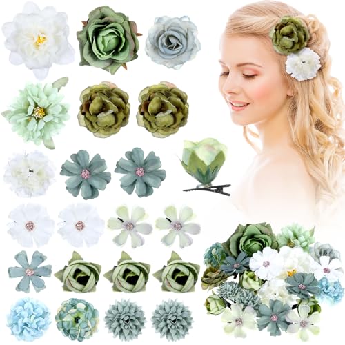 BBTO 21 Pcs Flower Hair Clip Rose Hair Clips Barrettes for Women Flower Accessories Boho Bride Claw Clip Hairpin Brooch Pin Headpiece for Wedding (Forest Green)