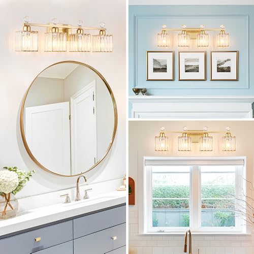 Image of Lxybcce Bathroom Vanity Lights Over Mirror - Easy Installation with Clear Guide, 4-Light Shadow-Free Design, Gold Crystal Finish - for Modern Home Bathroom Lighting Fixtures in DIY Projects