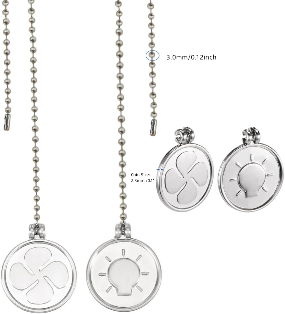 4Pcs Silver Ceiling Fan Pull Chain, 12 Inches Decorative Fan Pull Chain Ornaments Extension, 3mm Diameter Beaded Ball Fan Pull Chain Extender with Connector