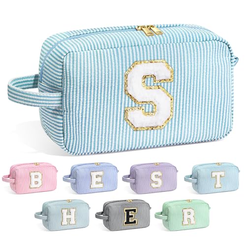 Image of YOOLIFE Birthday Gifts for 6 7 8 9 10 11 12 13 14 15 Year Old Teen Girl - Initial Makeup Bag Letter Toiletry Pouch Cosmetic Case, Personalized Teen Girl Gifts Trendy Stuff Party Favor, Light Blue S